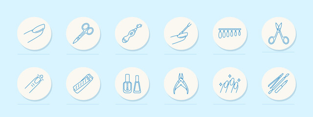 Obraz na płótnie Canvas Nail care set icon. Circular line icons showing nail polish, clippers, scissors, cuticle tools, brushes, nail file, fingers, and sparkle effects in grooming-related symbols
