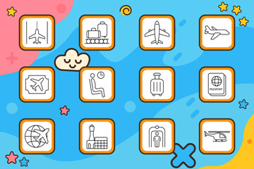Airport set icon. Runway, suitcase, plane, passport, waiting area, scanner, control tower, boarding, global flight, air travel, ticket, departure, luggage, arrival.