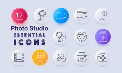 Photo studio set icon. Flash light, lens, camera roll, softbox, mic, aperture, SD card, film, backdrop, print, photo, camera outlined with studio theme elements.