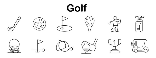Golf set icon. Golf club, ball, hole, tee, swing pose, bag, flag, cap, hitting motion, trophy, golf cart outlined with minimal sport illustration style.