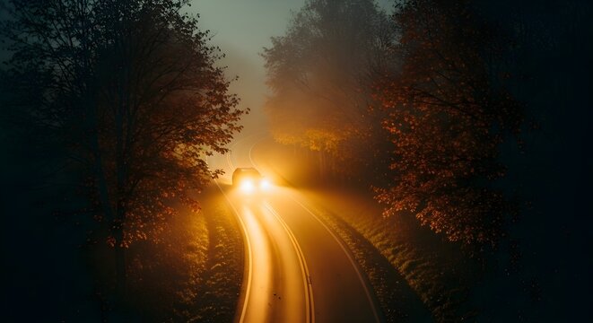 Car headlights illuminate a foggy rural road at night surrounded by trees - Powered by Adobe