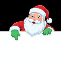 Jolly cartoon Santa Claus peeking over a blank white banner, cheerfully pointing downwards, ready for your festive message this holiday season