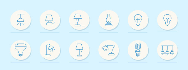Lighting set icon. Ceiling lamp, desk lamp, floor lamp, oil lantern, classic bulb, LED bulb, spotlight, reading light, spiral bulb, pendant group, interior lighting equipment.