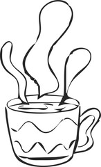 doodle of a hot tea on mug. hot tea hand draw sketch. Suitable for home décor design sets, minimalist art collections, or hygge interior visuals.