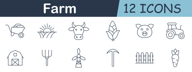 Farm set icon. Wheelbarrow, sunrise, cow, corn, pig, tractor, barn, pitchfork, windmill, hoe, fence, and carrot drawn in agricultural outline style.