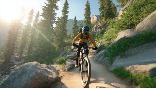 A skilled mountain biker rides swiftly along a rocky path surrounded by lush trees and sunlight