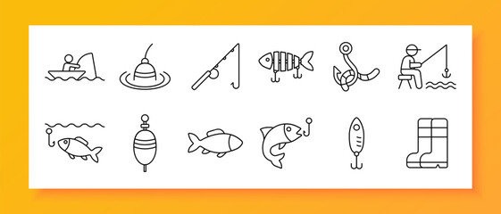 Fishing set icon. Fish, rod, hook, net, float, water, boot, lure, bait, fisherman, boat, wave, hobby, sport, catch, lake, recreation, outdoor, activity, nature