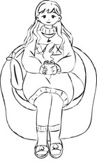 Artistic line sketch of a cozy girl holding a coffee cup in winter. Minimalist hand-drawn style with soft lines and calm expression.