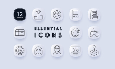 Gaming set icon. Joystick, console, controller, headset, steering wheel, screen, ghost, arcade machine, gamepad, chest, dice, ball, trophy, scoreboard in soft square shape.