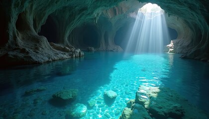 Naklejka premium Sunlight streams into vast cave illuminating clear blue water pool. Rocky formations surround tranquil underground lake. Natural light creates ethereal atmosphere, serene natural beauty.