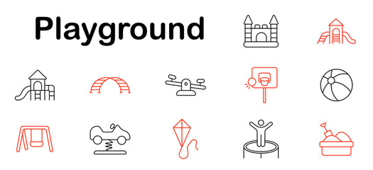 Playground set icon. Slide, castle, swing, ball, trampoline, car spring, seesaw, hoop, kite, sandpit, tower, bridge, climbing, fun, outdoor, park.