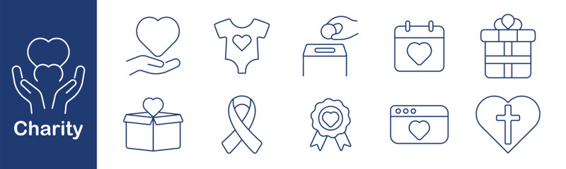 Charity set icon. Hands, heart, onesie, box, coin, calendar, gift, ribbon, medal, web, cross. Donation, care, support, event, symbol, hope, kindness, help, faith, compassion.