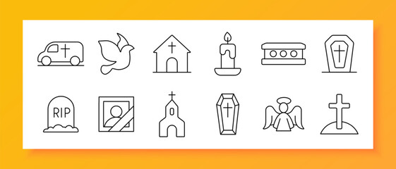 Funeral set icon. Church, coffin, angel, grave, candle, cross, tombstone, van, memorial, RIP, cemetery, faith, religion, ceremony, death, peace, mourning, heaven, soul, rest