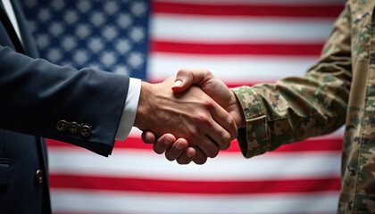 Two men shake hands in front of American flag. Civilian and military personnel handshaking together. This photo represents unity between army and government after cooperation.