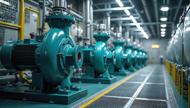 Industrial water pumps with powerful electric motors inside plant. Machinery transfers liquid through complex pipeline system. Modern pumping station for manufacturing, chemical processing, power