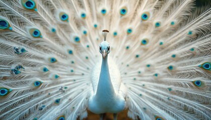 Fototapeta premium Majestic white peacock fans beautiful tail feathers in full display. Rare albino leucistic bird shows ornate plumage with vibrant blue eye spots. Regal peafowl with crown on head looks directly into