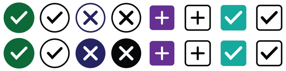 Fototapeta premium Green Tick and Red Cross Icons Set – Vector Checkmark and Cancel Symbols in Circle and Square Shapes