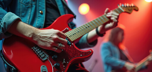 Close up of musician playing red guitar on stage in concert. Band members performing, spotlights in scene. Fingerboard, bridge and strings in focus. Rock music and performance.