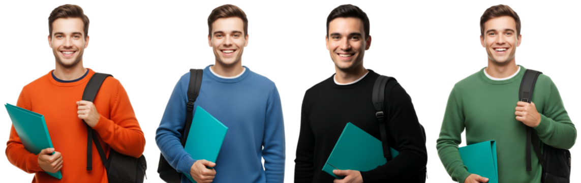 a adult men, all smiling and holding folders, wearing casual clothing in various colors - orange, blue, black, and green sweaters
