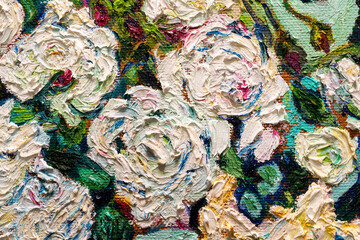 Roses. Details of oil painting on canvas. . Free copy based the wonderful painting by a famous artist. Brush strokes and paint texture
