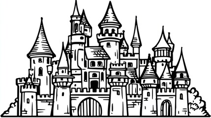 Fototapeta premium Ornate, towering castle with multiple spires and arched gateways