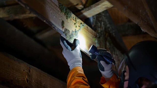 Mold on wooden beam, closeup inspection, moisture damage, attic contamination, fungus growth, home safety issue, mold detection, structural decay, hidden hazard, indoor air quality