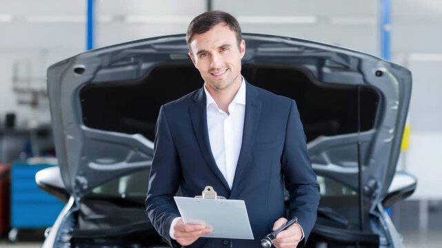 Pre-purchase car inspection expert, vehicle appraisal specialist, man in suit with clipboard, used car check, auto valuation, dealership service, technical diagnostics, buyer consultation