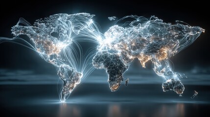 Glowing World Map with Interconnected Light Lines and Nodes