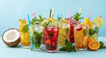 Fototapeta premium Refreshing Summer Cocktails Infused Water Drinks on Blue Background