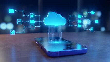 Cloud computing concept: smartphone managing digital data, files, folders. Secure, fast information transfer, storage, Modern technology, network, cybersecurity, mobile solutions - Powered by Adobe