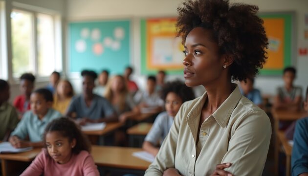 Black teacher stands in classroom arms crossed observing students. Young diverse pupils sit at desks learning. Focus on thoughtful educator guiding young minds in school.