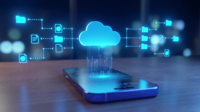 Cloud computing concept: smartphone managing digital data, files, folders. Secure, fast information transfer, storage, Modern technology, network, cybersecurity, mobile solutions - Powered by Adobe