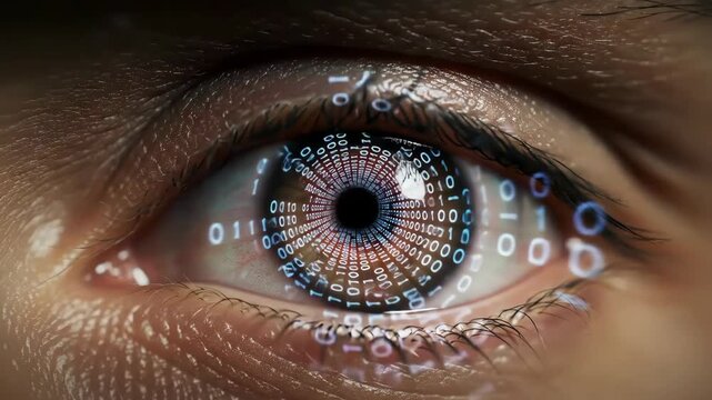 Close-up human eye with digital binary code over the pupil, represents technology and data use