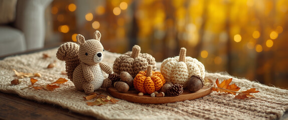 Fototapeta premium Handmade Crochet Squirrel and Orange Yarn Pumpkins, Autumn Craft Display on Wool Tablecloth, Seasonal Decoration, Cozy Fall Interior, Rustic Autumn Scene, DIY marketing photo, editorial image