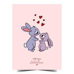 Cute hand-drawn Valentine’s Day card illustration two adorable love bunnies together 