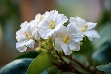 Fototapeta premium White flowers clustered in tight bloom with six petals and yellow stamens against dark green shiny leaves, softly blurred background enhances tranquility and focus on floral beauty