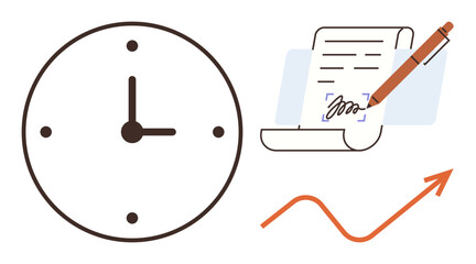 Clock indicating time management, signed document highlighting official agreements, and upward arrow symbolizing growth. Ideal for productivity, success, contracts, time tracking, planning