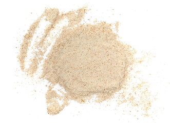 Pile of integral spelt flour isolated on white background, top view, clipping path