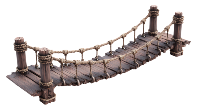 Suspension bridge with rope railings isolated on transparent background