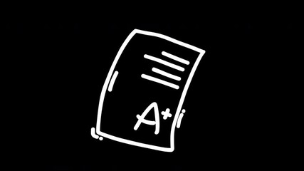 A hand-drawn illustration of a report card showing an A+ grade against a black background, symbolizing success, education, and achievement, ideal for motion graphics, loop animation