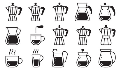 Minimal outline icons of coffee makers, mugs, and cups for hot beverage and barista vector illustration.