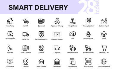 Smart Delivery Icons. modern vector set for shipping, logistics, e-commerce, warehouse, barcode scanning, courier, and fast transport illustration