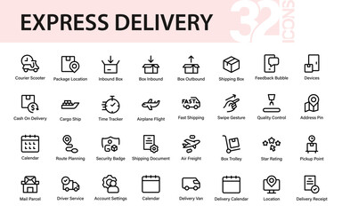 Professional Express Delivery Icons set featuring shipping, courier, tracking, logistics, and payment symbols. perfect for transport, eCommerce, and delivery services.
