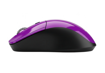 A purple and black wireless computer mouse is isolated on transparent background, showcasing its ergonomic design and modern technology