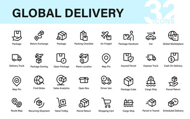 Professional Global Delivery Icons Set featuring logistics, shipping, courier, freight, and ecommerce symbols. perfect for apps, web dashboards, and infographics.