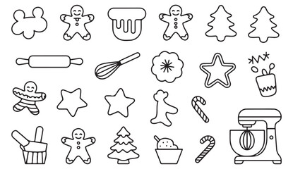 Linear vector set of holiday cookies, trees, and gingerbread men for Christmas and baking illustrations.