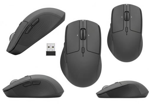 Multiple angles of a gray wireless computer mouse and its usb receiver isolated on transparent background