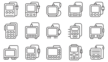 Thin line medical monitor icon set showing hospital diagnostic devices and patient vital screen tools.