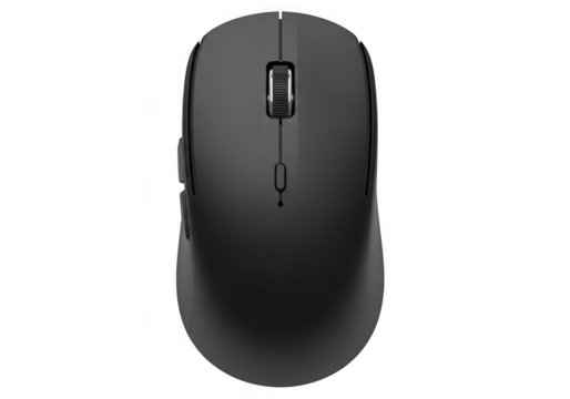 A sleek black wireless computer mouse is isolated on transparent background, showcasing modern design