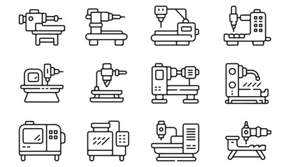 Thin line industrial machine icon set showing CNC, lathe, and milling tools for engineering and manufacturing.